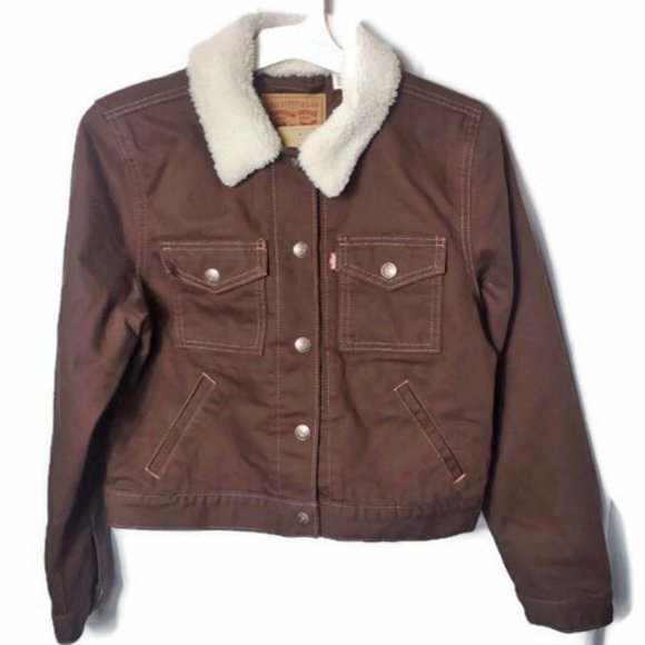 NWT Levi's Womens Sherpa Lined Snap Down Trucker Jacket Brown Small - Picture 1 of 8